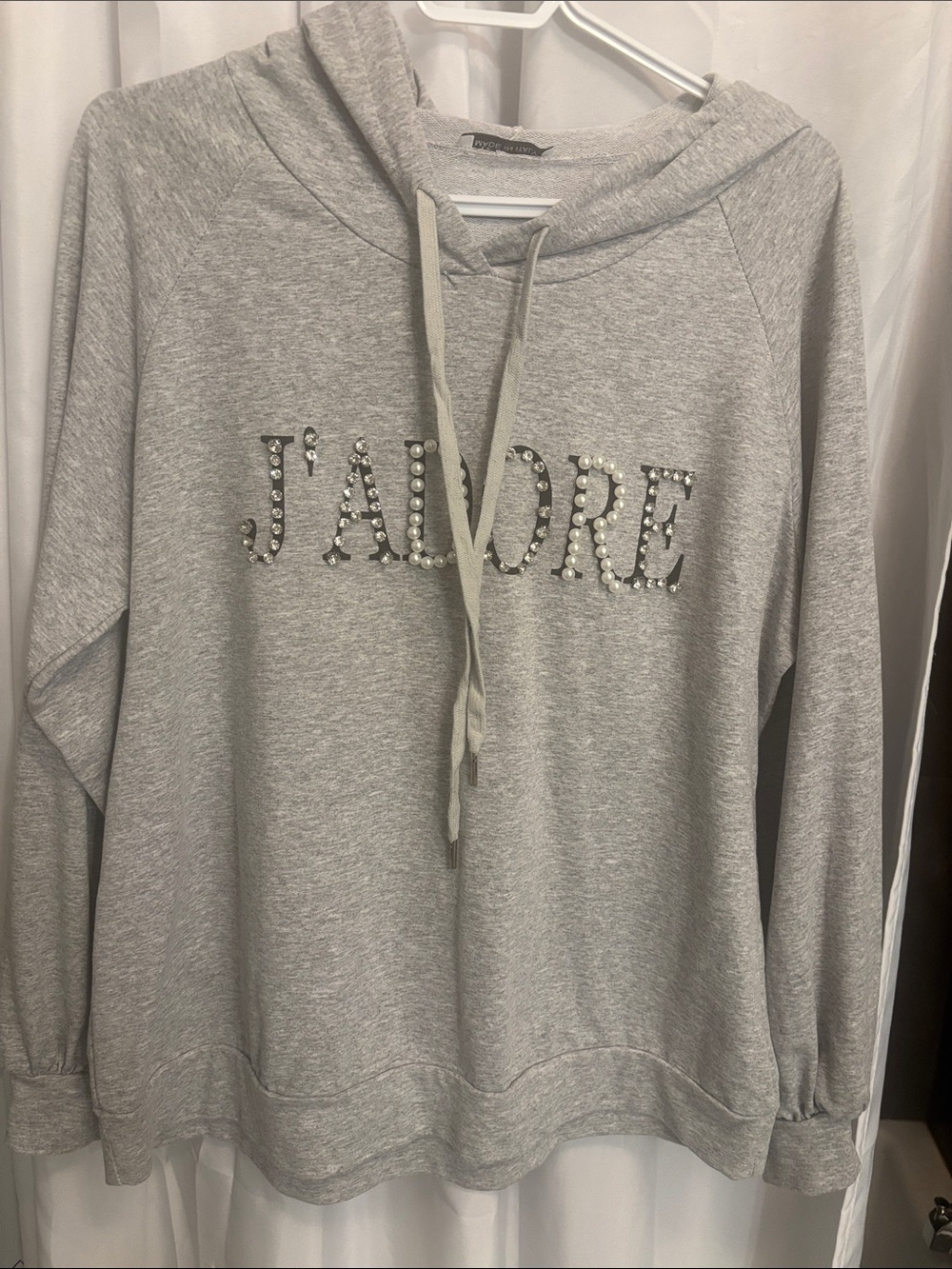 J'Adore Rhinestone-Embellished Gray Hoodie Sweater